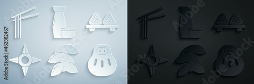 Set Chinese fortune cookie, Sushi on cutting board, Japanese ninja shuriken, Maneki neko cat, Traditional tea ceremony and Asian noodles and chopsticks icon. Vector