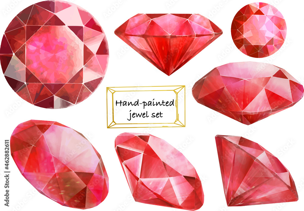 Naklejka premium 色んな方向から見たブリリアントカットの赤い宝石セット ベクター素材