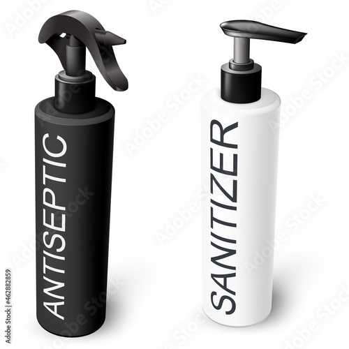 Vector set of sanitizer antiseptic gel and spray dispensers