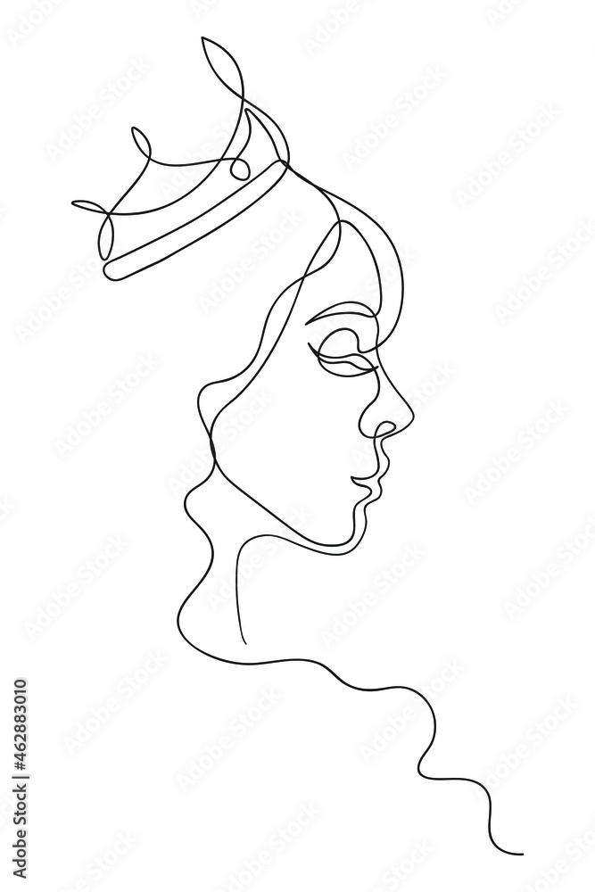 The face of the woman long hair wearing a tiara   continuous line drawing. Abstract minimal woman portrait, fashion concept, woman beauty minimalist, slogan design print graphics style,vector illustra