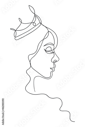 The face of the woman long hair wearing a tiara   continuous line drawing. Abstract minimal woman portrait, fashion concept, woman beauty minimalist, slogan design print graphics style,vector illustra
