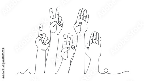 Hand gestures contour  in one line.Continuous line drawing.1,2,3,4,5 one line drawing.Vector illustration