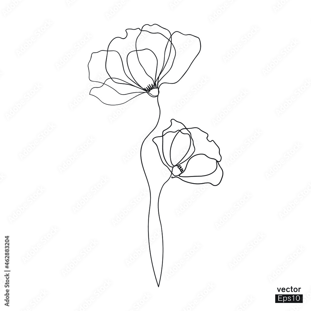 Two Line Floral Design two flowers line art. Minimalist contour drawing. One line drawing ...