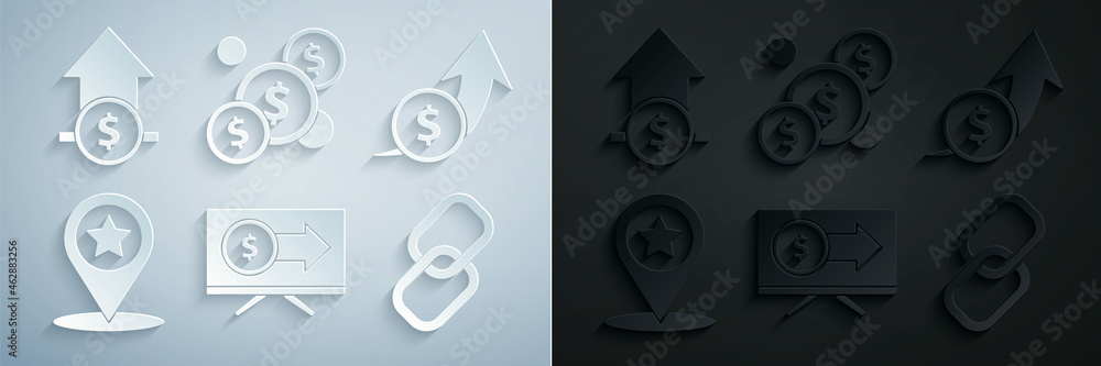 Set Monitor with dollar, Financial growth and coin, Map pointer star, Chain link, Coin money and icon. Vector Set Monitor with dollar, Financial growth and coin, Map pointer star, Chain link, Coin money and icon. Vector