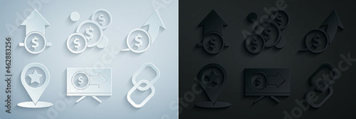 Set Monitor with dollar, Financial growth and coin, Map pointer star, Chain link, Coin money and icon. Vector