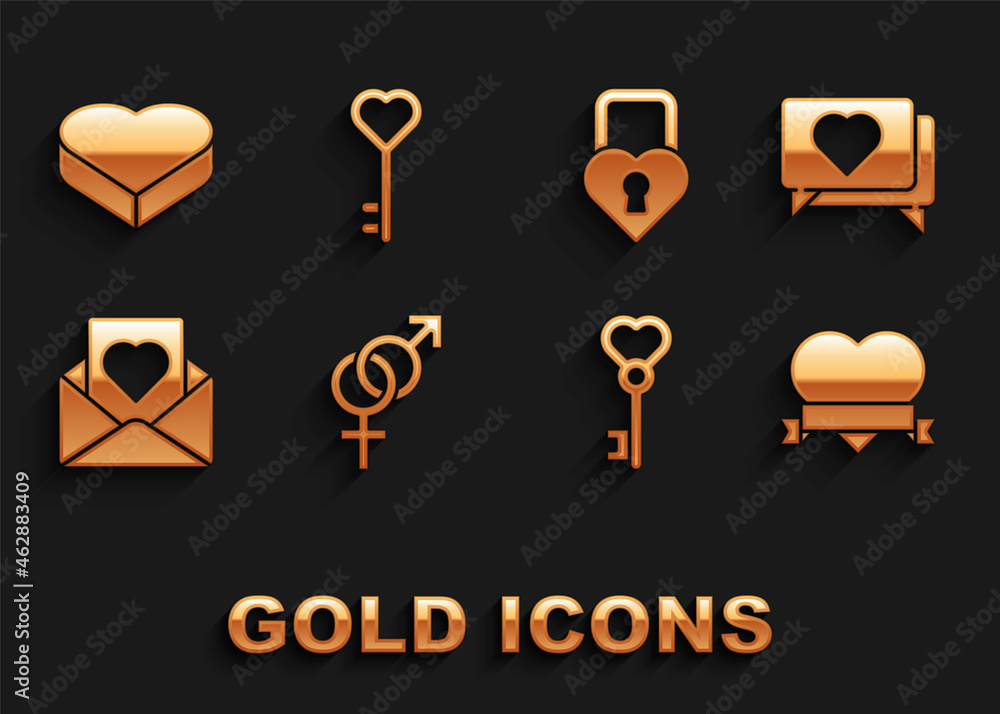 Set Gender, Like and heart, Heart ribbon, Key in shape, Envelope with, Castle the of, Candy shaped box and icon. Vector Set Gender, Like and heart, Heart ribbon, Key in shape, Envelope with, Castle the of, Candy shaped box and icon. Vector