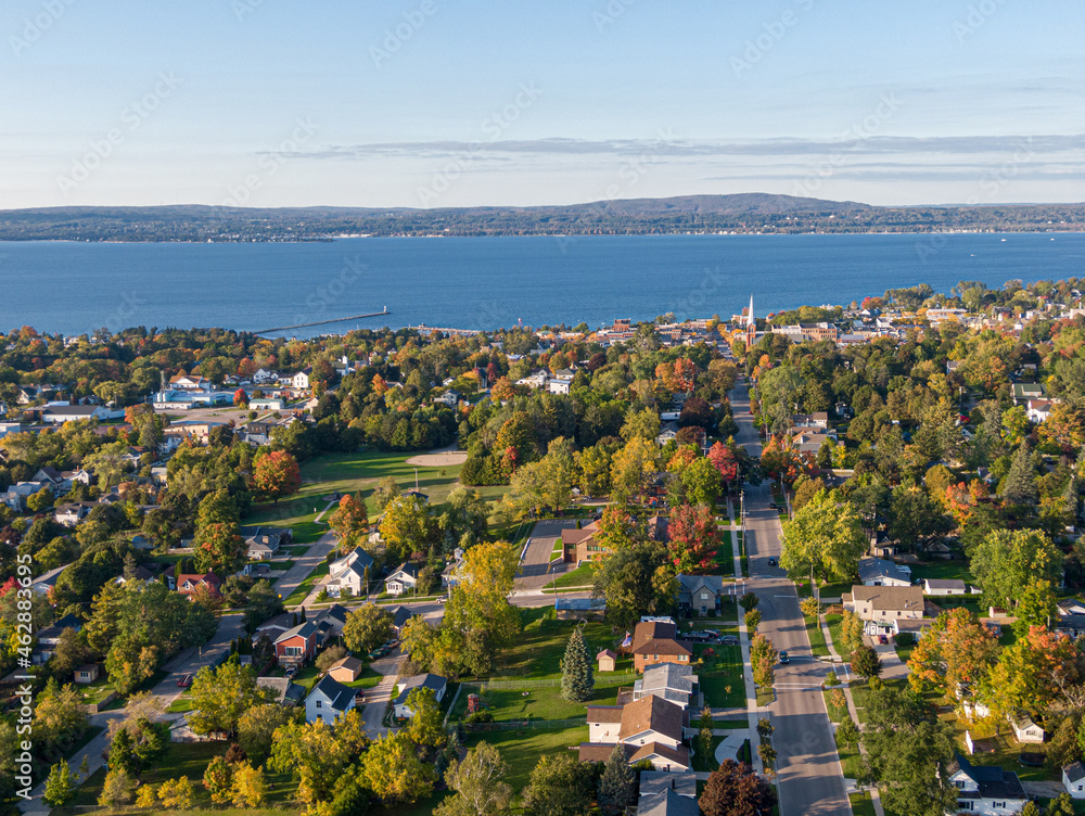 Aerial view of Petoskey during the fall season with Lake Michigan in the background