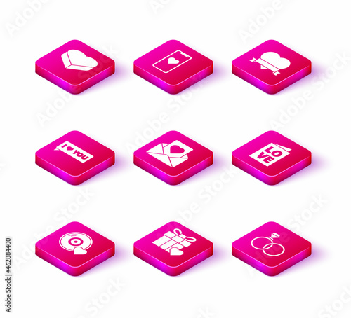 Set Romantic music, Gift box and heart, Speech bubble with I love you, Envelope, Wedding rings, Valentines day party flyer, Heart ribbon and Mobile phone icon. Vector