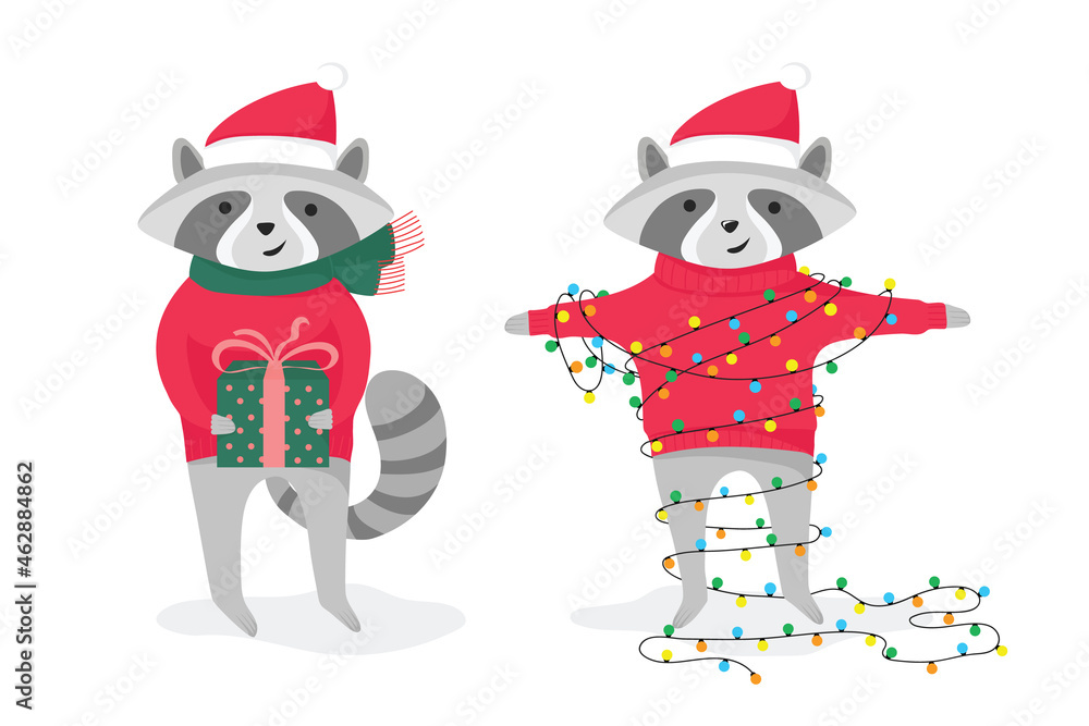 Obraz premium Two cute holiday raccoons with gift and garland. Happy New Year and Merry Christmas. Vector flat cartoon illustration.