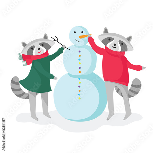 New Year or Christmas card. Two cute raccoons making a snowman. Vector flat cartoon illustration.