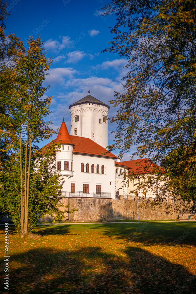 Medieval castle Budatin with park at autumn season, Slovakia, Europe.