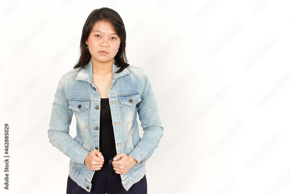 Standing and posing of Beautiful Asian Woman Wearing Jeans Jacket and black shirt Isolated On White Background Standing and posing of Beautiful Asian Woman Wearing Jeans Jacket and black shirt Isolated On White Background