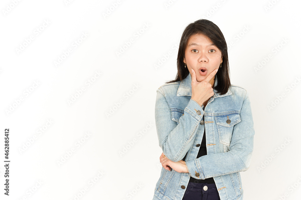 Wow Excited Gesture of Beautiful Asian Woman Wearing Jeans Jacket and black shirt Isolated On White Background Wow Excited Gesture of Beautiful Asian Woman Wearing Jeans Jacket and black shirt Isolated On White Background
