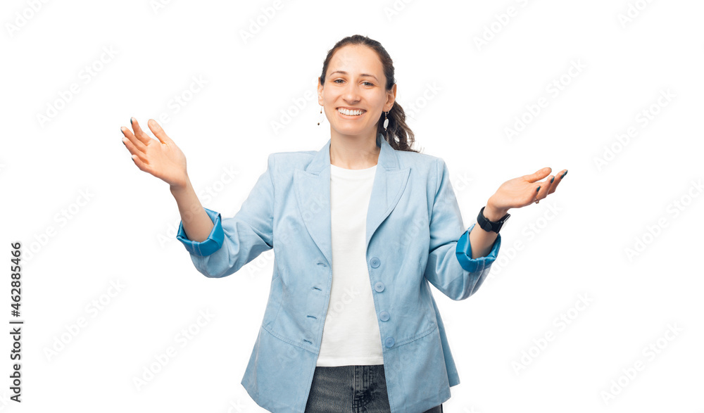 Cheerful young woman is holding arms wide opened ready to hug and embrace. Cheerful young woman is holding arms wide opened ready to hug and embrace.