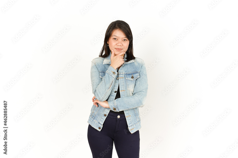 Smile and Looking at the Camera of Beautiful Asian Woman Wearing Jeans Jacket and black shirt Isolated On White Background Smile and Looking at the Camera of Beautiful Asian Woman Wearing Jeans Jacket and black shirt Isolated On White Background