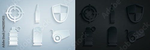 Set Cartridges, Shield, Hand grenade, Cannon, Bullet and Target sport icon. Vector