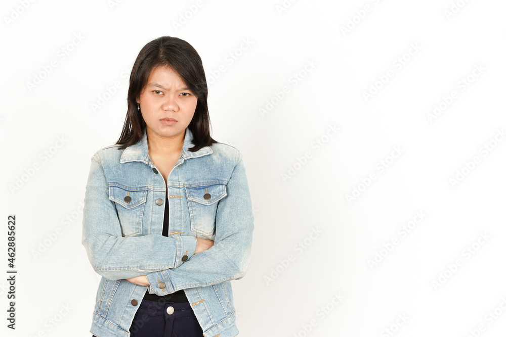 Angry Gesture of Beautiful Asian Woman Wearing Jeans Jacket and black shirt Isolated On White Background Angry Gesture of Beautiful Asian Woman Wearing Jeans Jacket and black shirt Isolated On White Background