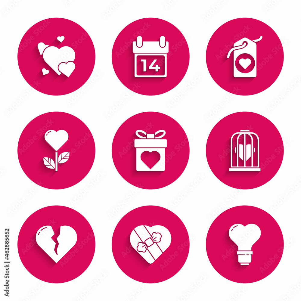 Set Gift box with heart, Candy in shaped, Heart light bulb, the bird cage, Broken or divorce, flower, tag and icon. Vector Set Gift box with heart, Candy in shaped, Heart light bulb, the bird cage, Broken or divorce, flower, tag and icon. Vector
