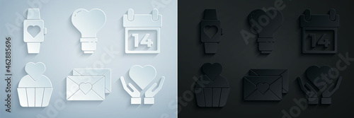 Set Envelope with Valentine heart, Calendar February 14, Wedding cake, Heart on hand, shape light bulb and the center wrist watch icon. Vector