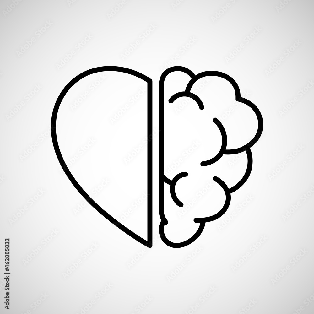 Brain and Heart Line on white background. Vector logo or icon design ...