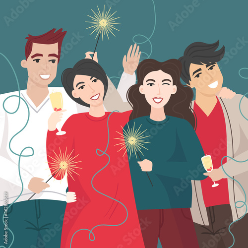 Group of friends celebrating and holding sparklers. Vector flat cartoon illustration