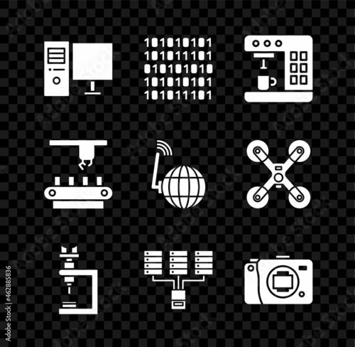 Set Computer monitor, Binary code, Coffee machine, Microscope, Server, Data, Web Hosting, Mirrorless camera, Factory conveyor system belt and Social network icon. Vector