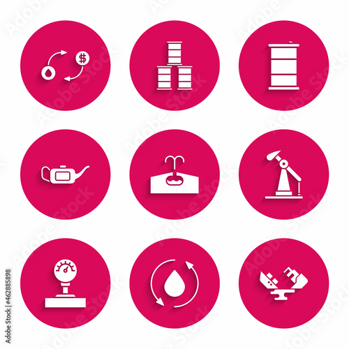 Set Oilfield, drop, Wrecked oil tanker ship, pump or pump jack, Gauge scale, Canister for motor, Barrel and exchange icon. Vector