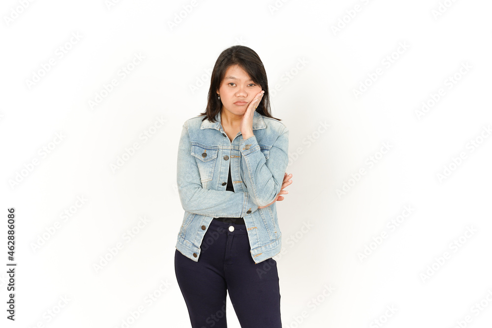 Boring Gesture of Beautiful Asian Woman Wearing Jeans Jacket and black shirt Isolated On White Background Boring Gesture of Beautiful Asian Woman Wearing Jeans Jacket and black shirt Isolated On White Background