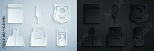 Set Subpoena, Police badge, Anonymous with question mark, Old hourglass sand, Feather pen and Plastic bag ziplock icon. Vector