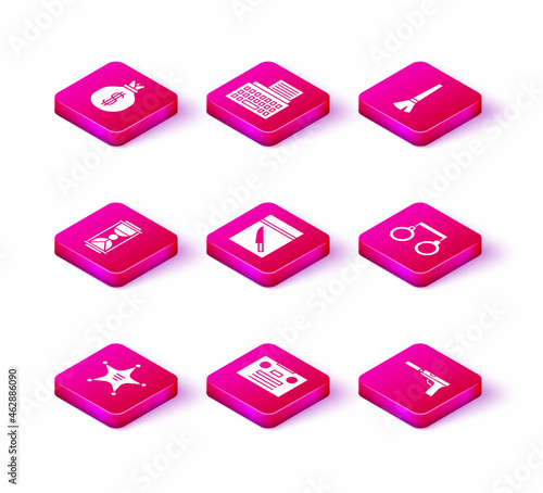 Set Hexagram sheriff, Retro audio cassette tape, Old hourglass with sand, Evidence bag knife, Pistol or gun silencer, Handcuffs, Paint brush and typewriter icon. Vector