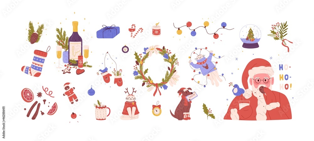 Christmas set with cute Santa Claus, merry cats, dog, holiday gifts, New Year baubles, wreath and winter candies. Xmas design elements bundle. Flat vector illustration isolated on white background Christmas set with cute Santa Claus, merry cats, dog, holiday gifts, New Year baubles, wreath and winter candies. Xmas design elements bundle. Flat vector illustration isolated on white background