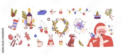 Christmas set with cute Santa Claus  merry cats  dog  holiday gifts  New Year baubles  wreath and winter candies. Xmas design elements bundle. Flat vector illustration isolated on white background