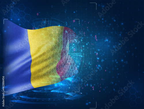Romania, vector 3d flag on blue background with hud interfaces