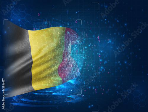 Belgium, vector 3d flag on blue background with hud interfaces