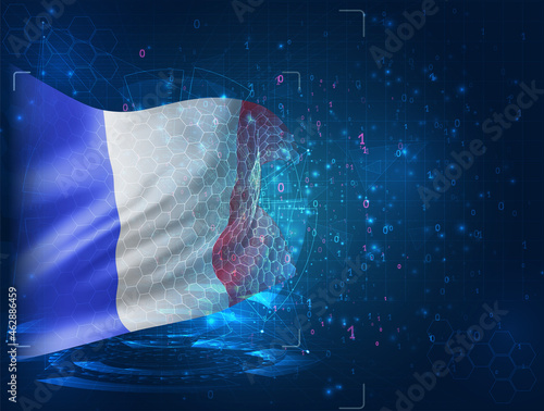 France, vector 3d flag on blue background with hud interfaces