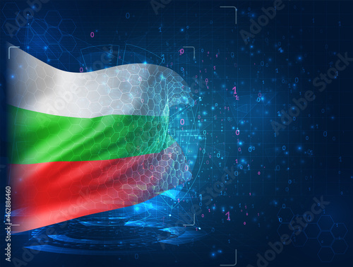 Bulgaria ,vector 3d flag on blue background with hud interfaces