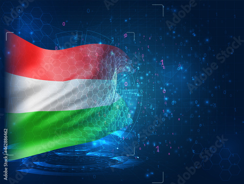 Hungary, vector 3d flag on blue background with hud interfaces