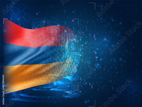 Armenia,  vector 3d flag on blue background with hud interfaces