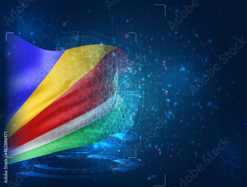 Seychelles, vector 3d flag on blue background with hud interfaces