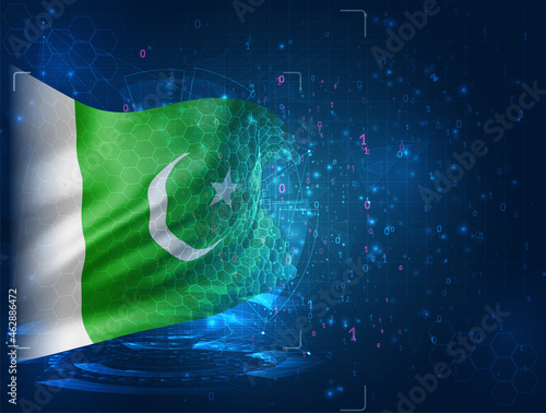 Pakistan, vector 3d flag on blue background with hud interfaces