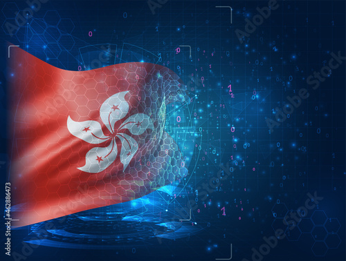 Hong Kong, vector 3d flag on blue background with hud interfaces