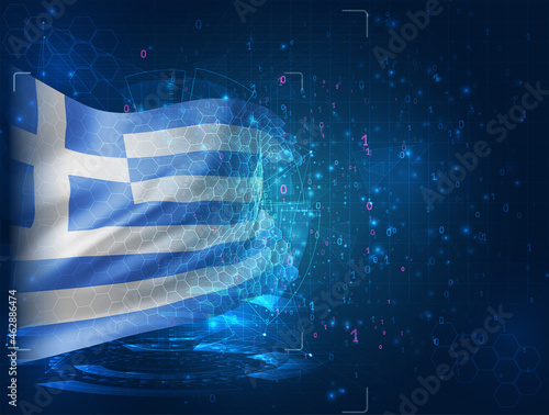 Greece, vector 3d flag on blue background with hud interfaces