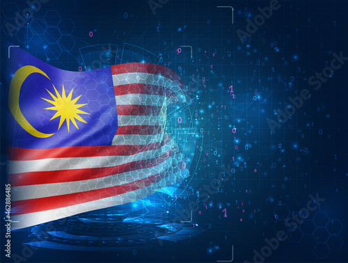 Malaysia, vector 3d flag on blue background with hud interfaces