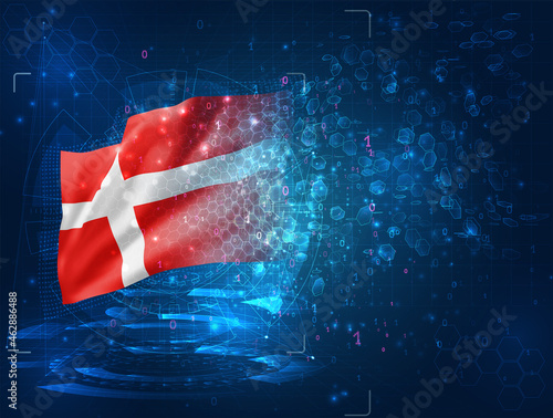Denmark, vector 3d flag on blue background with hud interfaces