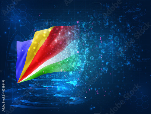 Seychelles, vector 3d flag on blue background with hud interfaces