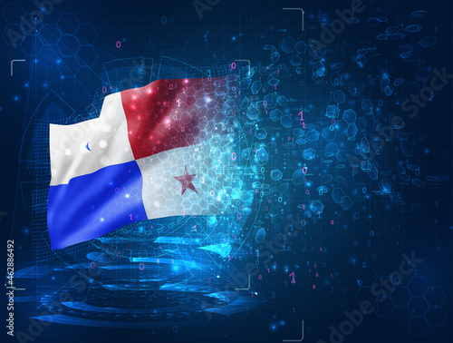 Panama, vector 3d flag on blue background with hud interfaces