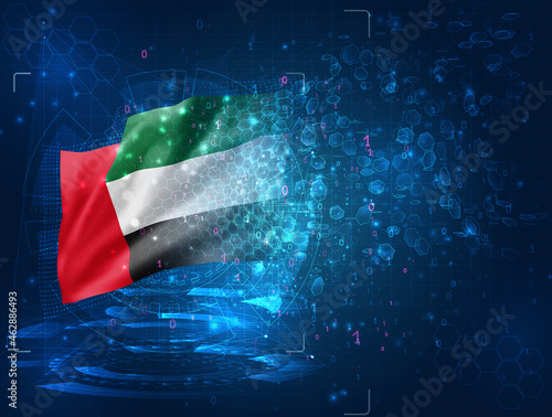 United Arab Emirates, vector 3d flag on blue background with hud interfaces