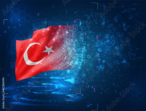 Turkey, vector 3d flag on blue background with hud interfaces