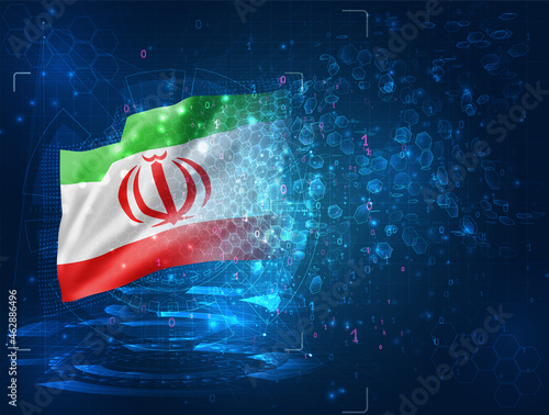 Iran, vector 3d flag on blue background with hud interfaces