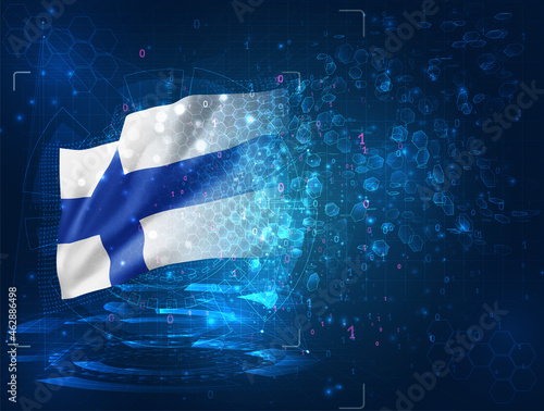 Finland, vector 3d flag on blue background with hud interfaces